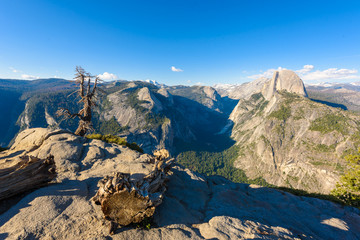 Half Dome rock and Valley from Glacier Point - Panorama View Point at Yosemite National Park in the Sierra Nevada, California, USA