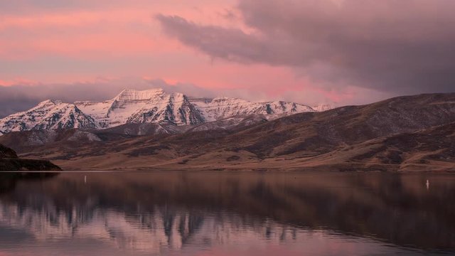 Deer Creek Reservoir reflecting time lapse of Mount Timpanogos at sunrise