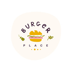 Vector burger bar logo design isolated on white background. Fast food icon hand drawn - burger symbol. Good for cafe, fast food service insignia, banner, advertising.