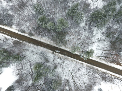 Road in the winter forest. Aerial view
