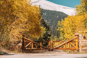 Rustic gate made of logs on unpaved road