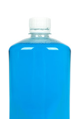 Plastic bottle with blue mouthwash liquid, isolated on white background
