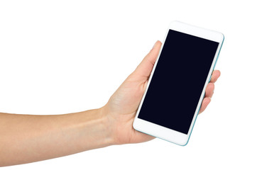 White mobile phone with dark screen in hand, isolated on white background. Advertise template, copy...