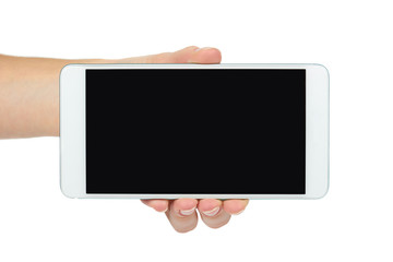 White mobile phone with dark screen in hand, isolated on white background. Advertise template, copy space