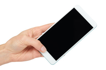 White mobile phone with dark screen in hand, isolated on white background. Advertise template, copy space