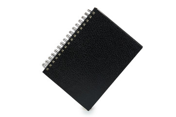Black notebook for writing or drawing on spiral, isolated on white background