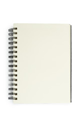 Open black notebook for writing or drawing on spiral, isolated on white background