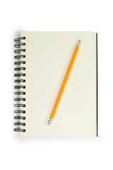 Open black notebook for writing or drawing on spiral with pencil, isolated on white background