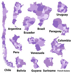 South America countries with administrative divisions (regions borders) vector maps
