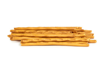 Homemade salty backed pretzel sticks, isolated on white background