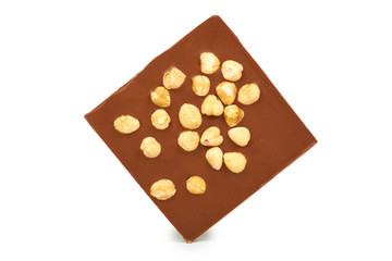 Homemade chocolate bar with whole nuts. Isolated on white background. Back view