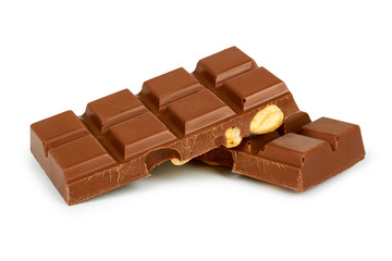 Homemade chocolate bar with whole nuts. Isolated on white background