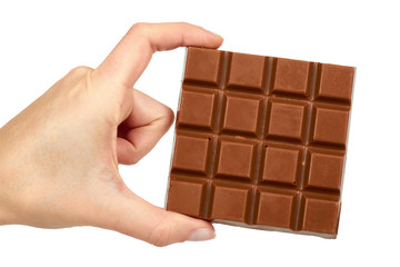 Homemade chocolate bar with whole nuts in hand. Isolated on white background