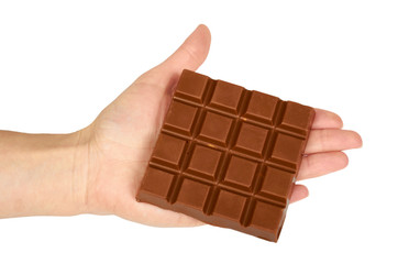 Homemade chocolate bar with whole nuts in hand. Isolated on white background