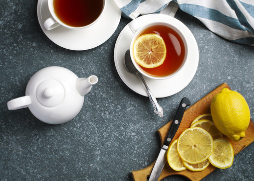 Cup of tea with lemon, top view