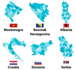 Obraz premium Europe countries with administrative divisions (regions borders) vector maps and flags