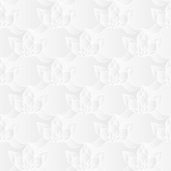 Neutral white floral texture. Decorative background with 3d carving effect. Vector seamless repeating pattern of stylized lotus flowers.