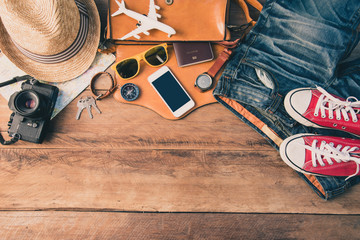 Travel accessories costumes. Passports, luggage, The cost of travel maps prepared for the trip and...