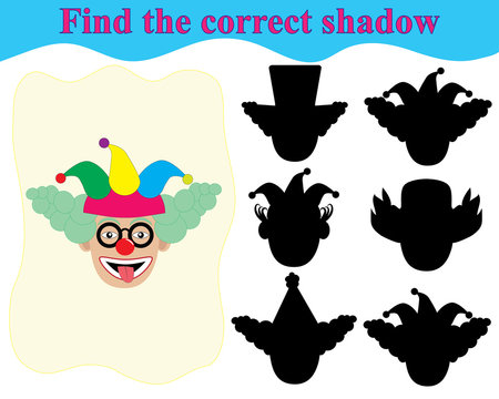 Find the correct shadow of clown's face. Educational game for children.