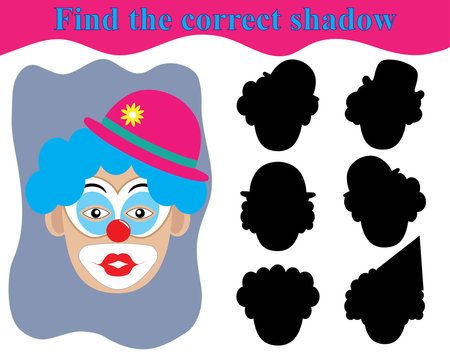 Surprised clown face. Children's play, find the right shadow