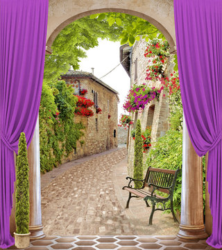 Digital Spain fresco with columns and old brick street. Many trees and stones.
