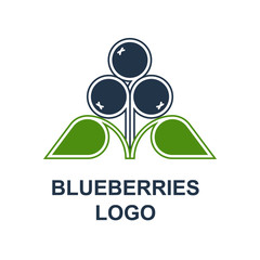 Blueberries or bilberries with leaves logotype design concept in minimalist style. Wild forest berries symbol template. Vector design element isolated on white background.
