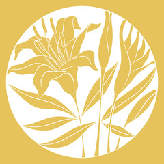 Floral composition in a circle with a golden contours of a lily flower, buds and leaves on white background. Can be used as a print for textile, tableware, ceramic tiles, or other home decor items