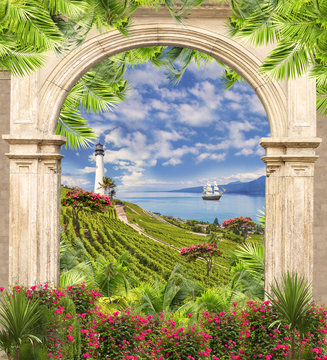 arch in the garden of a castle. Fresco with sea view