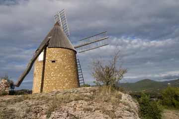 Restored windmill on the hill above St Chinian, Languedoc-Roussillon, France, Europe