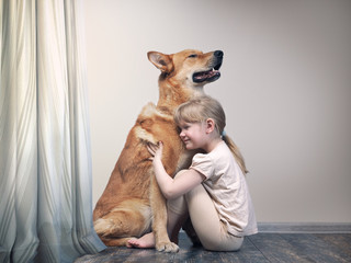 Kid with dog. little girl hugs a giant dog