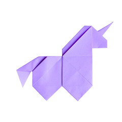 Handmade ultraviolet trendy geometrical polygonal paper origami unicorn on white background isolated
