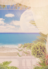 Digital fresco with ocean view: old white balcony (terrace) with plants and flowers, big moon, clouds and sky.