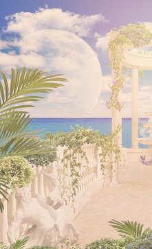 Digital fresco with ocean view and archway: old white balcony (terrace) with plants and flowers, big moon, clouds and sky. Antique statue, palms.