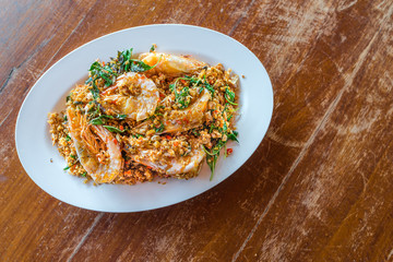 Shrimp fried hot pepper with garlic and delicious cuisine of Thailand.