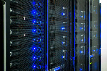Data center, server room. Web internet and network telecommunication technology, big data storage and cloud computing computer service business concept.