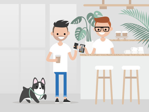 Cozy coffee shop. Modern lifestyle. Young customer buying a cup of coffee to go with a pay by phone technology. Hipster urban lifestyle / flat editable vector illustration, clip art.