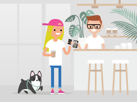 Cozy coffee shop. Modern lifestyle. Young customer buying a cup of coffee to go with a pay by phone technology. Hipster urban lifestyle / flat editable vector illustration, clip art.
