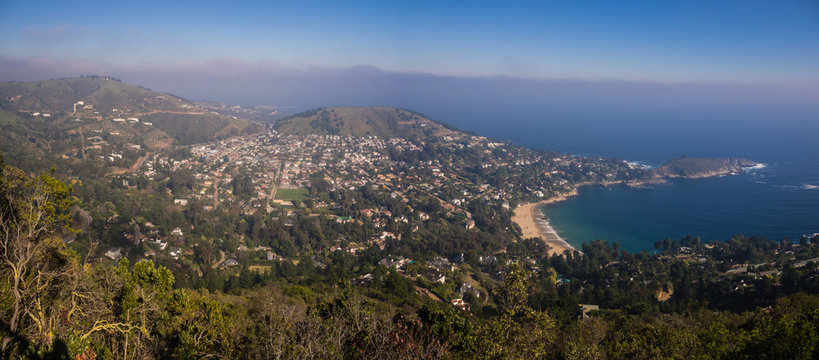 Panoramic of the coast town of Zapallar in Chile. Landscape of the coast and beach in zapallar