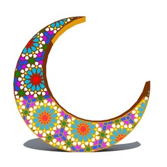 Ramadan Kareem greeting card. The Islamic Golden moon. The Golden Crescent. Arabesque Moon. Eid Mubarak. 3D rendering. © HENADZ