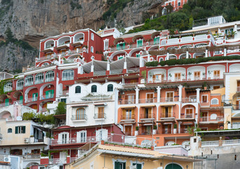 Fototapeta na wymiar Cliffside town on the Mediterranean, on Amalfi Coast in Positano with colourful houses 