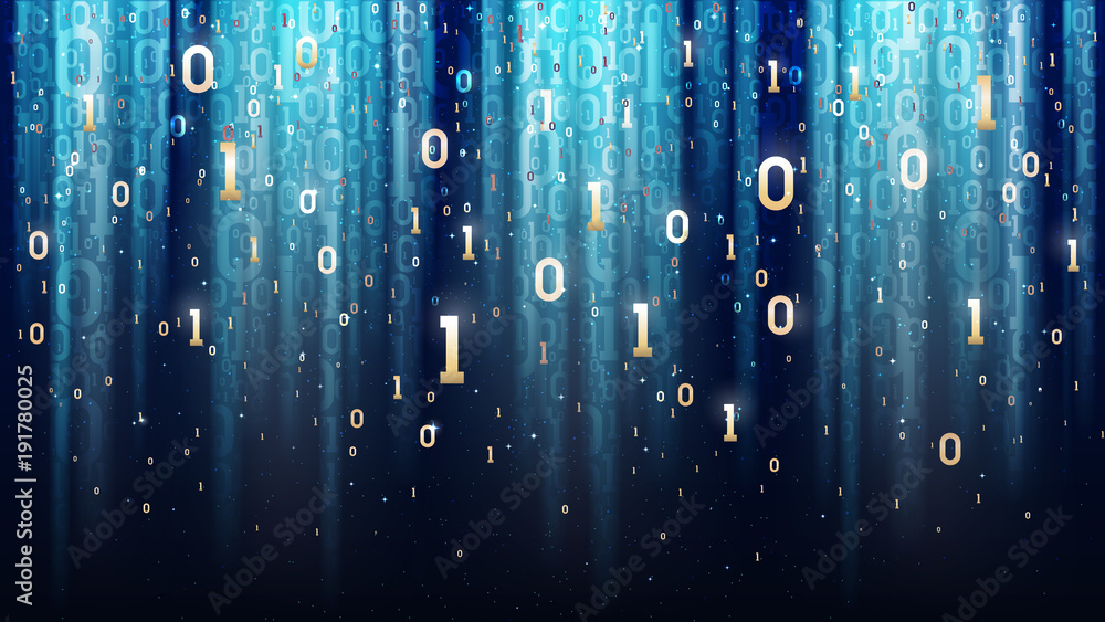 Poster dark blue background with binary code, sequins, light rays, digits in space