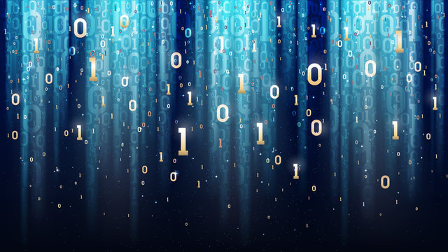 Dark blue background with binary code, sequins, light rays, digits in space