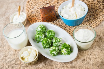 White cheese in different variations on table.