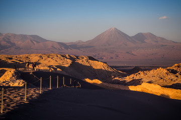 Sunset in The Moon Valley and Licancabur volcano in San Pedro de Atacama, Atacama Deserrty in Chile