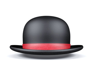 Black round hat with red ribbon isolated on white background, 3D rendering