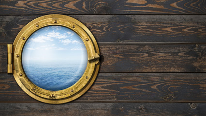 ship or boat with ocean horizon porthole on wooden wall