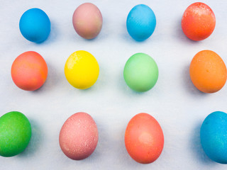 Color easter eggs on pastel blue background. Close up.