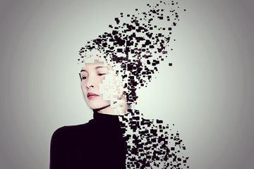 A close up portrait of an oriental woman with pixelated dispersion 