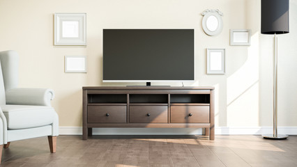 TV on stand in bright room. 3D illustration.