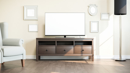 TV on stand in bright room. 3D illustration.